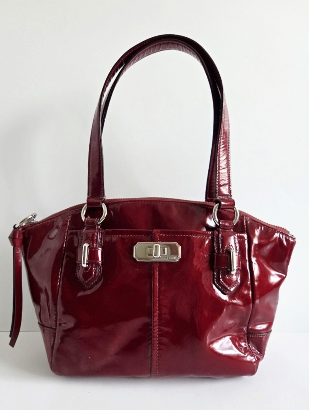 Coach Burgundy Crinkle Patent Leather Satchel Deep Red Silver Hardware